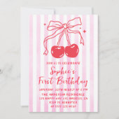 Pink Bow Fruit Sweet Cherry First Birthday Einladung (Vorderseite)