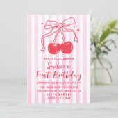 Pink Bow Fruit Sweet Cherry First Birthday Einladung (Stehend Vorderseite)