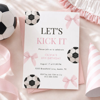Pink-Bow-Fußball-Geburtstagsfeier für Mädchen Coqu Einladung
