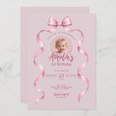 Pink Bow Geburtstagseinladung mit Foto Einladung (Vorne/Hinten)