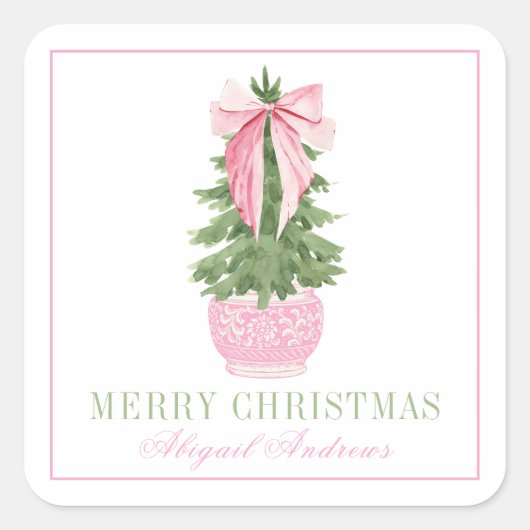 Pink Bow Ginger Jar Christmas Tree Foto Quadratischer Aufkleber (Vorderseite)