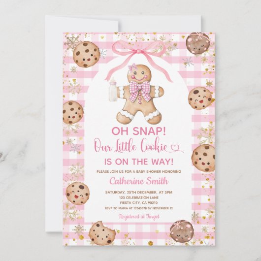 Pink Bow Gingerbread Christmas Baby Shower Gingham Einladung (Vorderseite)