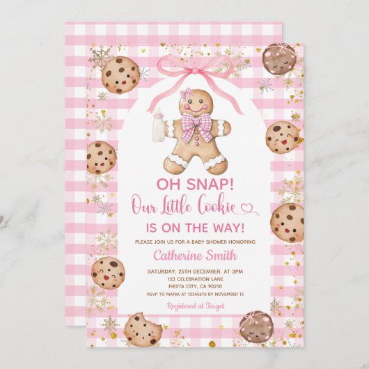 Pink Bow Gingerbread Christmas Baby Shower Gingham Einladung (Vorne/Hinten)