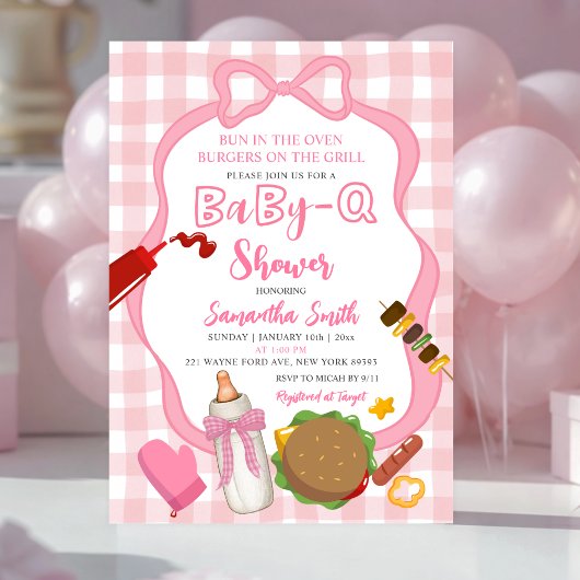 Pink Bow Gingham  Babyq baby shower invitation Einladung