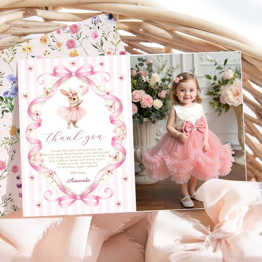 Pink Bow Gingham Bunny 1st Birthday Dankeskarte