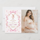  Pink Bow Gingham Bunny Baby Shower  Einladung (Vorderseite)