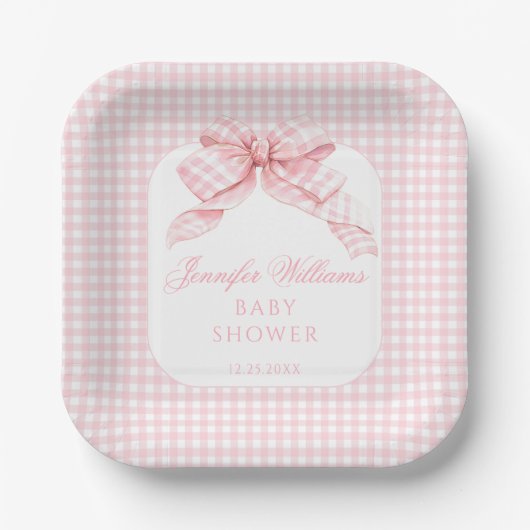 Pink Bow Gingham Coquette Baby Girl Dusche Pappteller (Vorderseite)