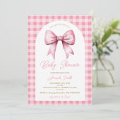 Pink Bow Gingham Coquette Girl Arch Baby Dusche Einladung (Stehend Vorderseite)