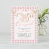 Pink Bow Gingham Daisy Clothesline I Einladung (Stehend Vorderseite)