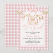 Pink Bow Gingham Daisy Clothesline I Einladung (Vorne/Hinten)