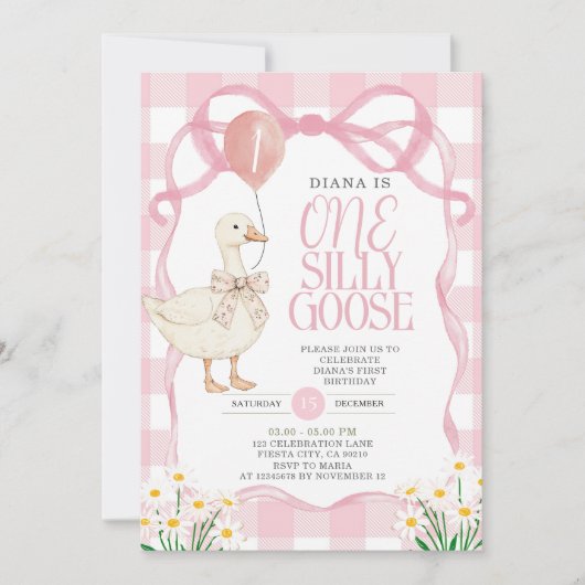 PINK BOW Gingham Daisy One Albern Goose Birthday Einladung (Vorderseite)