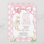 PINK BOW Gingham Daisy One Albern Goose Birthday Einladung (Vorne/Hinten)
