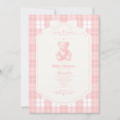 Pink Bow Gingham French Teddy Bear Baby Dusche Einladung (Vorderseite)