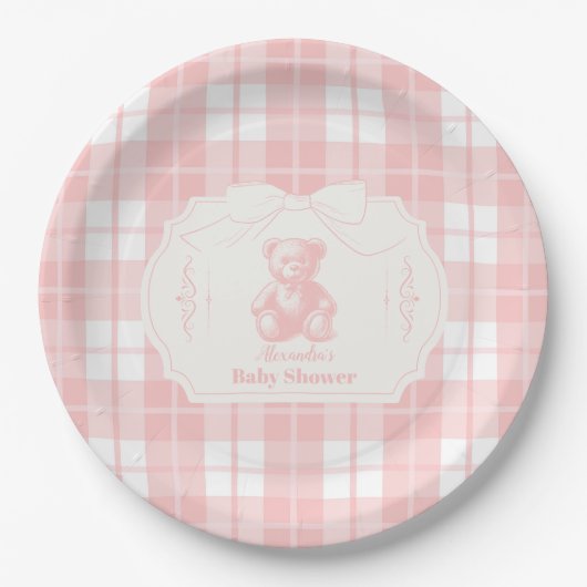 Pink Bow Gingham French Teddy Bear Baby Dusche Pappteller (Vorderseite)