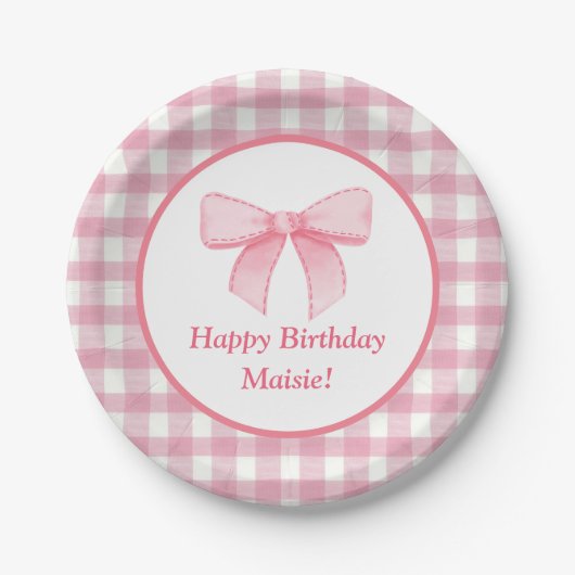 Pink Bow Gingham Paper Plate  Pappteller (Vorderseite)