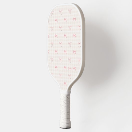 Pink Bow Gingham Personalisiert Name Pickleball Schläger (Links)