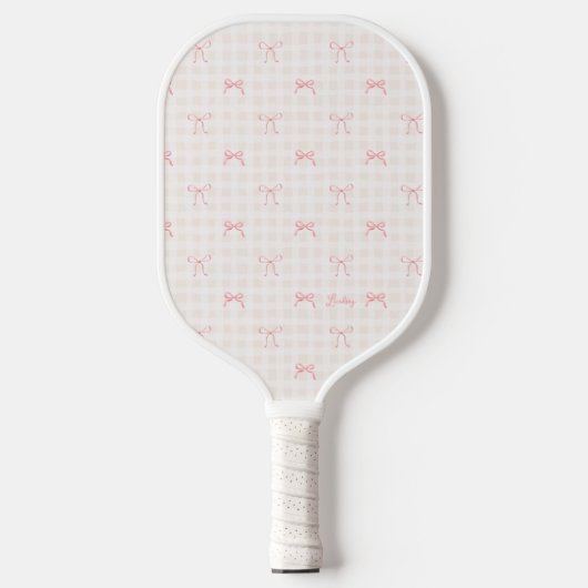 Pink Bow Gingham Personalisiert Name Pickleball Schläger (Vorderseite)