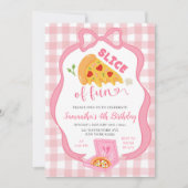 Pink Bow Gingham Slice of Fun pizza birthday  Einladung (Vorderseite)