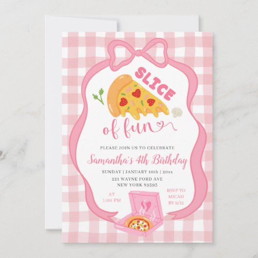 Pink Bow Gingham Slice of Fun pizza birthday  Einladung (Vorderseite)