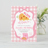 Pink Bow Gingham Slice of Fun pizza birthday  Einladung (Stehend Vorderseite)