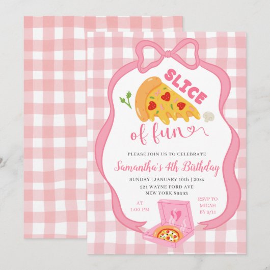 Pink Bow Gingham Slice of Fun pizza birthday  Einladung (Vorne/Hinten)
