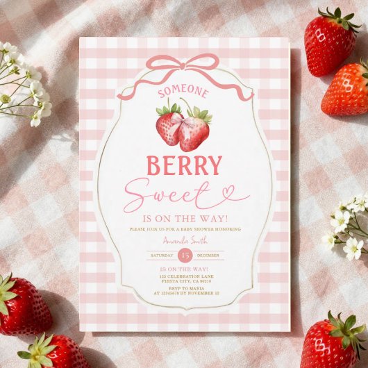 Pink Bow Gingham Strawberry Baby Dusche Einladung