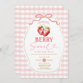 Pink Bow Gingham Strawberry Baby Dusche Einladung (Vorne/Hinten)