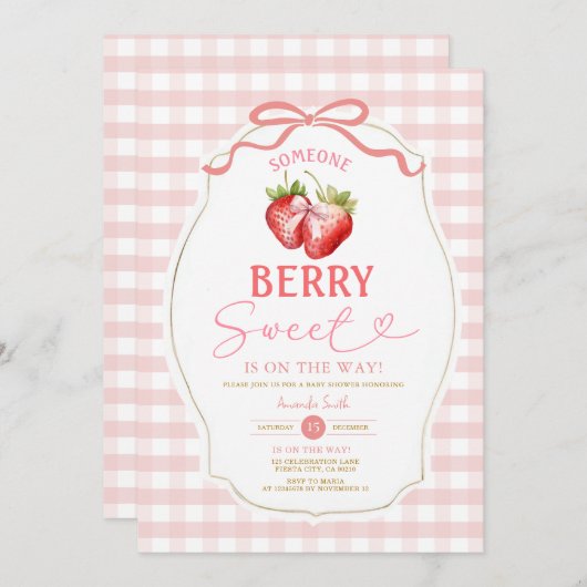 Pink Bow Gingham Strawberry Baby Dusche Einladung (Vorne/Hinten)