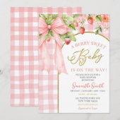 Pink Bow Gingham Strawberry Baby Shower Einladung (Vorne/Hinten)