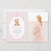 Pink Bow Gingham Teddy Bear Baby Dusche Foto Dankeskarte (Vorderseite)