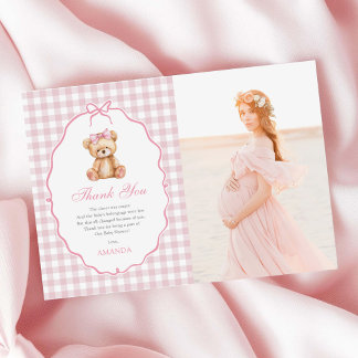 Pink Bow Gingham Teddy Bear Baby Dusche Foto Dankeskarte