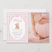 Pink Bow Gingham Teddy Bear Baby Dusche Foto Einladung (Vorderseite)