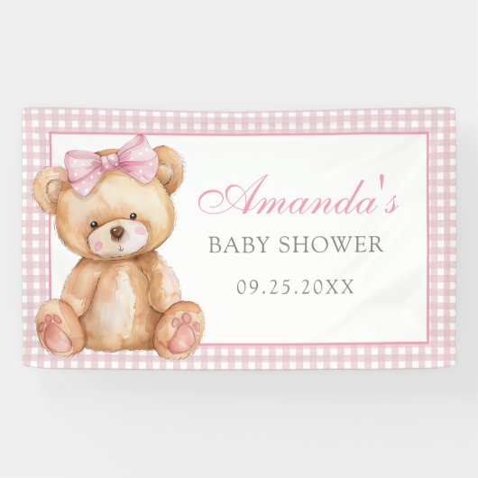 Pink Bow Gingham Teddy Bear Babydusche Banner (Horizontal)