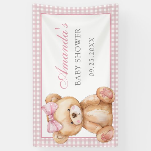 Pink Bow Gingham Teddy Bear Babydusche Banner (Vertikal)