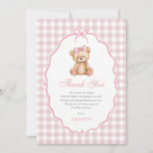 Pink Bow Gingham Teddy Bear Babydusche Dankeskarte (Vorderseite)