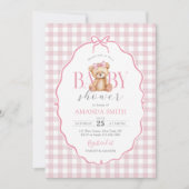 Pink Bow Gingham Teddy Bear Babydusche Einladung (Vorderseite)