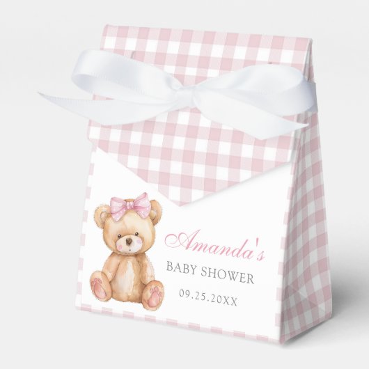 Pink Bow Gingham Teddy Bear Babydusche Geschenkschachtel (Vorderseite)