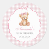 Pink Bow Gingham Teddy Bear Babydusche Runder Aufkleber (Vorderseite)