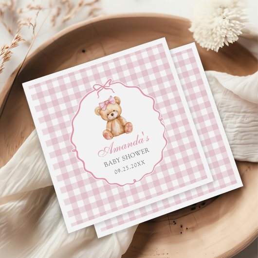 Pink Bow Gingham Teddy Bear Babydusche Serviette