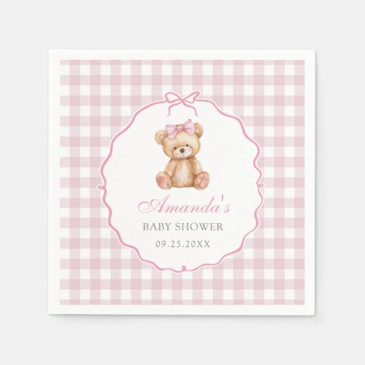 Pink Bow Gingham Teddy Bear Babydusche Serviette (Vorderseite)