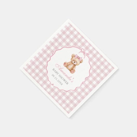 Pink Bow Gingham Teddy Bear Babydusche Serviette (Ecke)