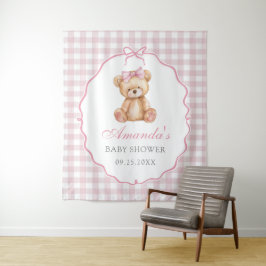 Pink Bow Gingham Teddy Bear Babydusche Wandteppich