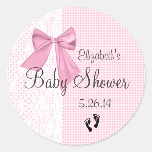 Pink Bow Gingham und Lace Baby Dusche Gefallen Runder Aufkleber (Vorderseite)