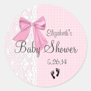 Pink Bow Gingham und Lace Baby Dusche Gefallen Runder Aufkleber