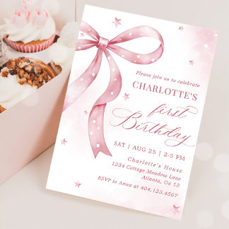 Pink Bow Girl 1. Geburtstag Party Einladung