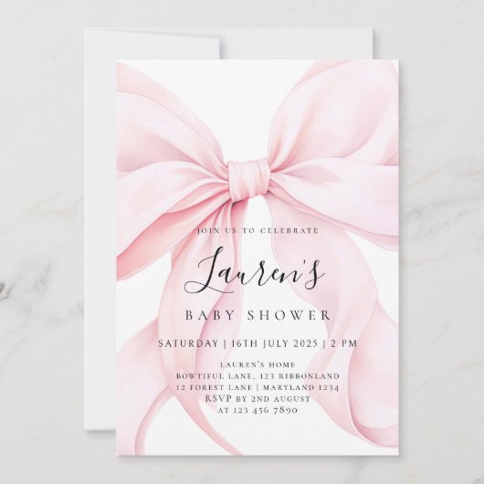 Pink Bow Girl Babydusche Einladung (Vorderseite)