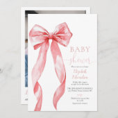 Pink Bow Girl Babydusche Foto QR Code Einladung (Vorne/Hinten)