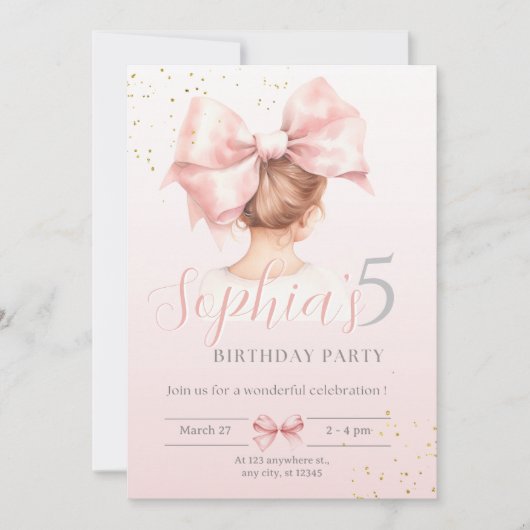 Pink Bow Girl Birthday Einladung Preppy Watercolo (Vorderseite)