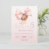 Pink Bow Girl Birthday Einladung Preppy Watercolo (Stehend Vorderseite)