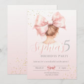 Pink Bow Girl Birthday Einladung Preppy Watercolo (Vorne/Hinten)